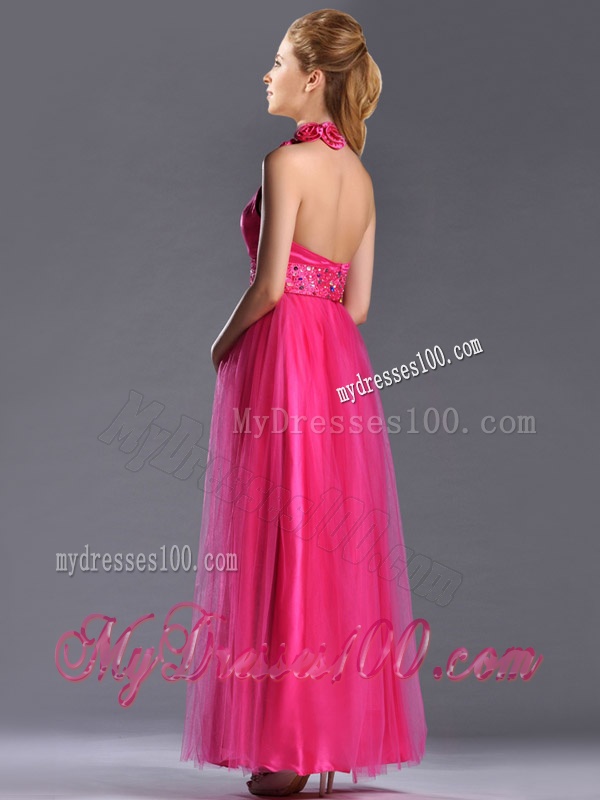 Exclusive Hot Pink Mother of The Bride Dress with Handcrafted Flowers Decorated Halter Top