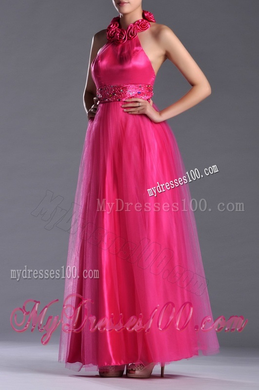 Exclusive Hot Pink Mother of The Bride Dress with Handcrafted Flowers Decorated Halter Top