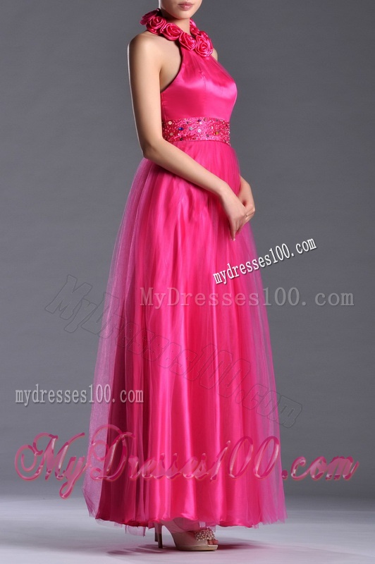 Exclusive Hot Pink Mother of The Bride Dress with Handcrafted Flowers Decorated Halter Top