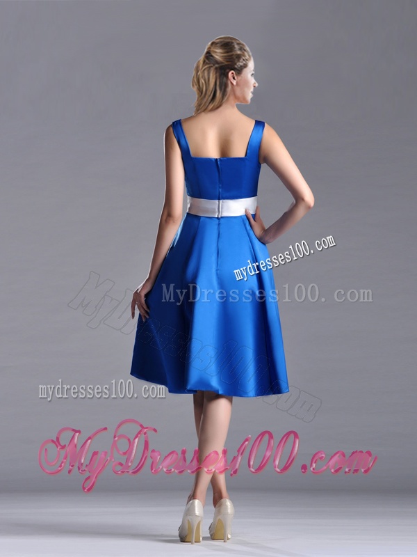 Exquisite Empire Square Taffeta Blue Mother of The Bride Dress with White Belt