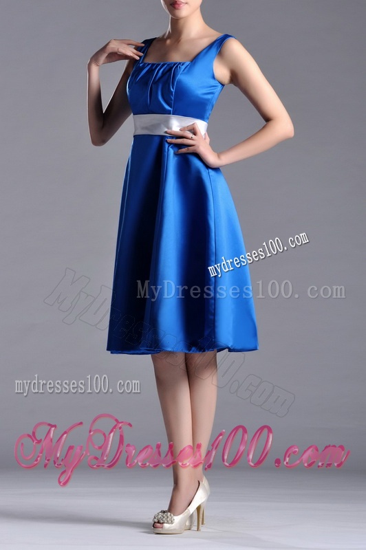 Exquisite Empire Square Taffeta Blue Mother of The Bride Dress with White Belt