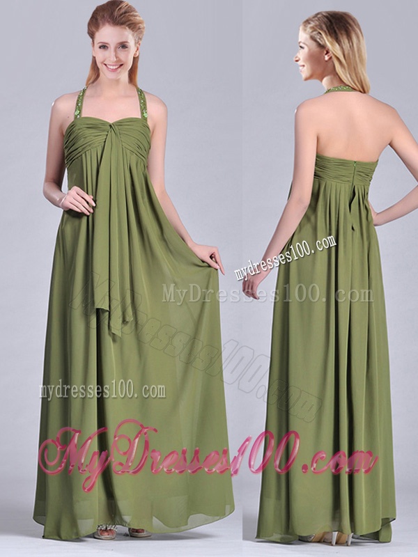 Latest Beaded Decorated Halter Top Mother of The Bride Dress in Olive Green