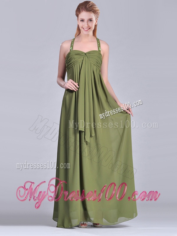 Latest Beaded Decorated Halter Top Mother of The Bride Dress in Olive Green