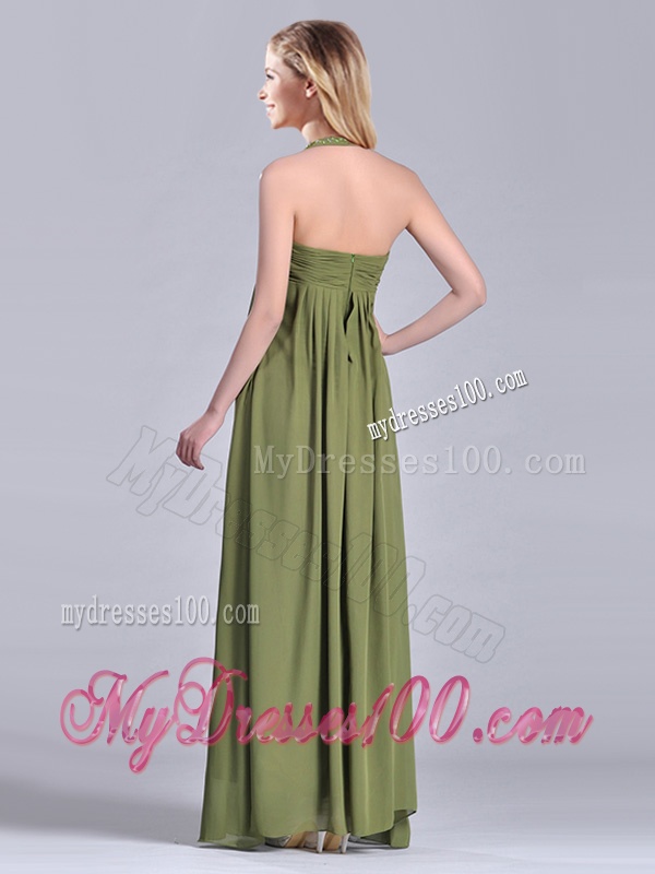 Latest Beaded Decorated Halter Top Mother of The Bride Dress in Olive Green