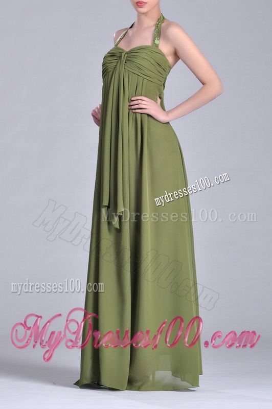Latest Beaded Decorated Halter Top Mother of The Bride Dress in Olive Green
