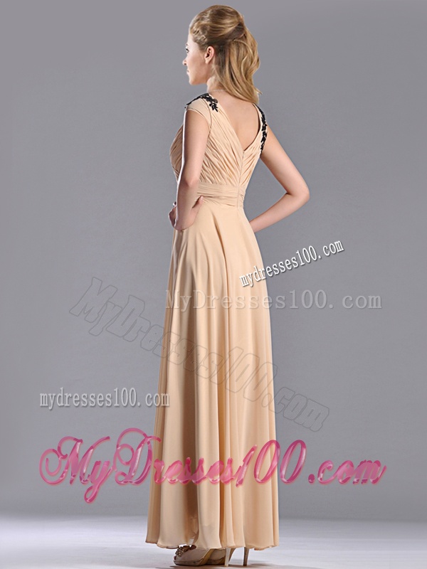 Latest Cap Sleeves Champagne Mother of The Bride Dress with Black Appliques