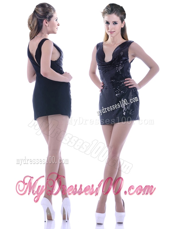 Latest Column Low Cut Neckline Sequined Mother of The Bride Dress in Black