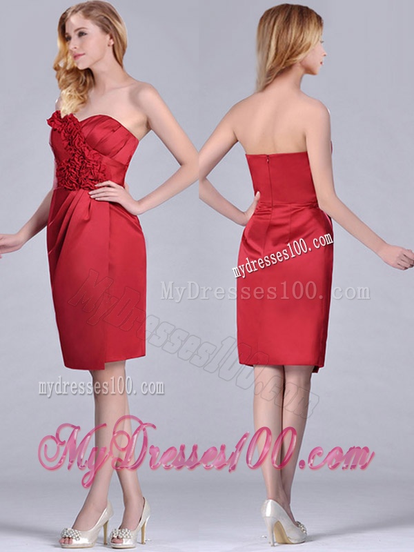 Low Price Red Column Satin Knee Length Mother of The Bride Dress with Ruffles