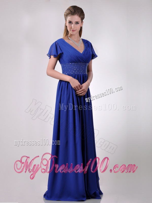 Low Price V Neck Beaded Blue Long Mother of The Bride Dress with Short Sleeves