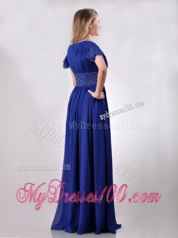 Low Price V Neck Beaded Blue Long Mother of The Bride Dress with Short Sleeves