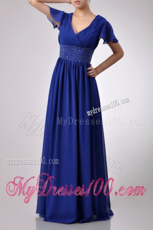 Low Price V Neck Beaded Blue Long Mother of The Bride Dress with Short Sleeves