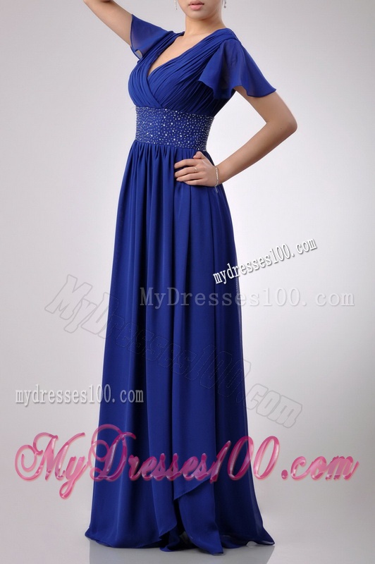 Low Price V Neck Beaded Blue Long Mother of The Bride Dress with Short Sleeves
