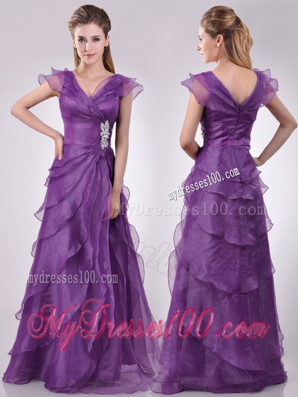 Low Price V Neck Eggplant Purple Mother of The Bride Dress with Beading and Ruffles