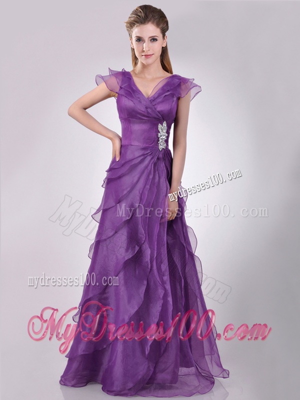Low Price V Neck Eggplant Purple Mother of The Bride Dress with Beading and Ruffles