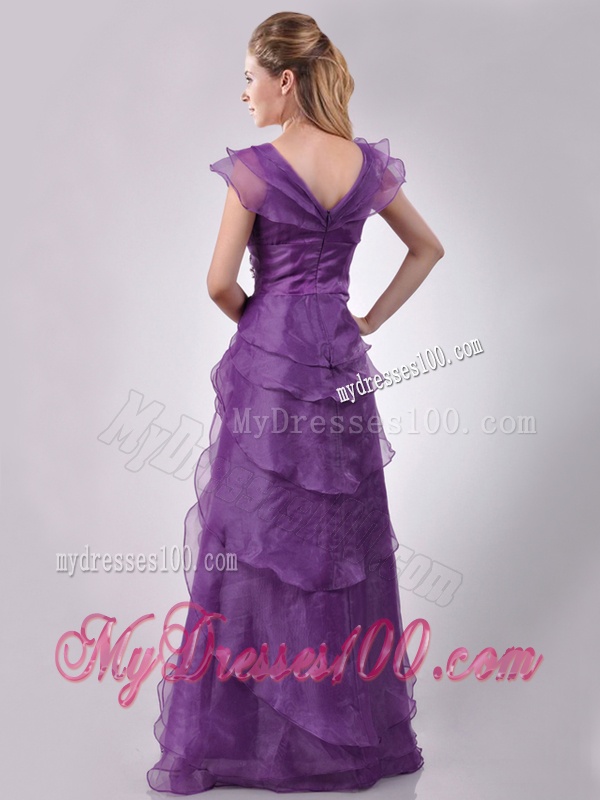 Low Price V Neck Eggplant Purple Mother of The Bride Dress with Beading and Ruffles