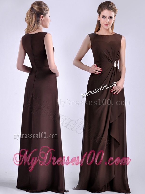 Modest Bateau Brown Chiffon Long Mother of The Bride Dress with Zipper Up