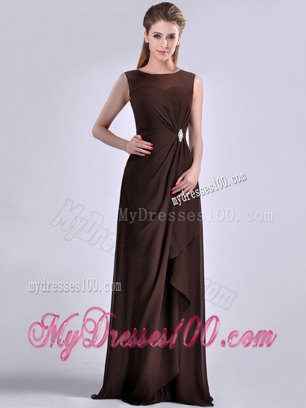 Modest Bateau Brown Chiffon Long Mother of The Bride Dress with Zipper Up