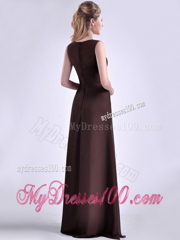 Modest Bateau Brown Chiffon Long Mother of The Bride Dress with Zipper Up