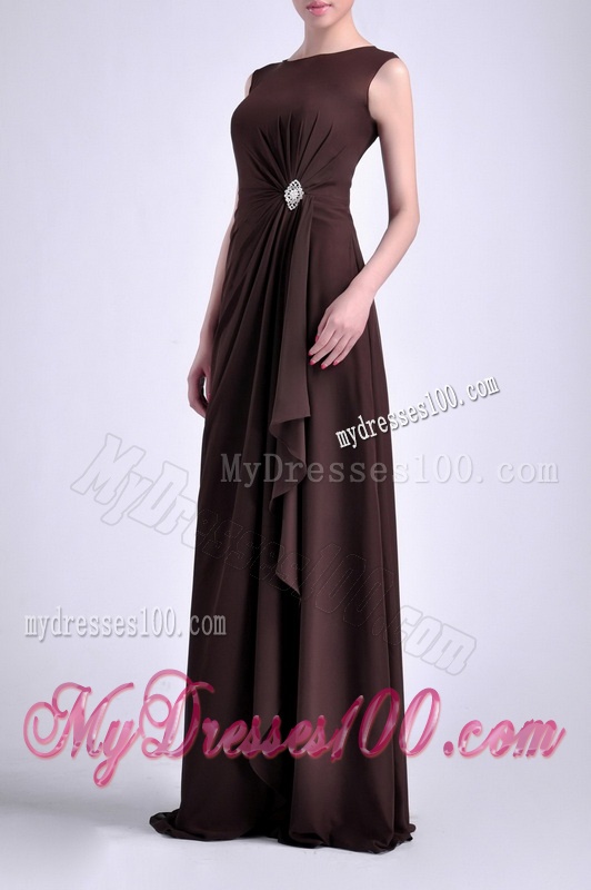Modest Bateau Brown Chiffon Long Mother of The Bride Dress with Zipper Up