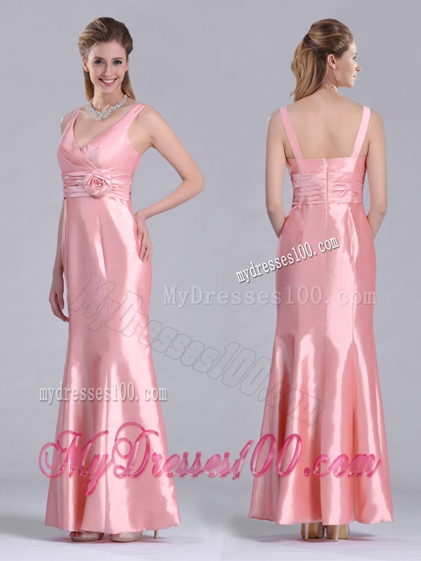 Modest V Neck Hand Crafted Flower Peach Mother of The Bride Dress in Ankle Length