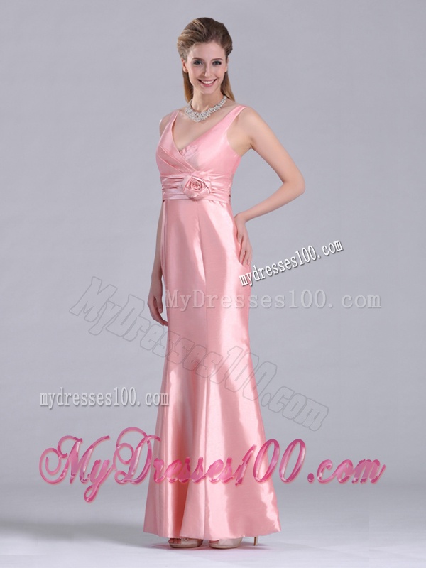 Modest V Neck Hand Crafted Flower Peach Mother of The Bride Dress in Ankle Length