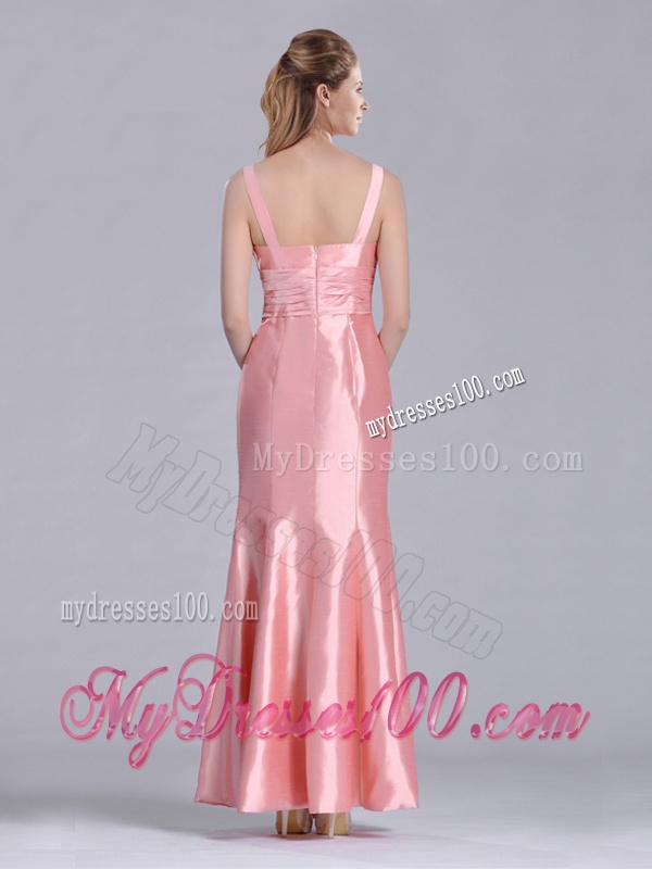 Modest V Neck Hand Crafted Flower Peach Mother of The Bride Dress in Ankle Length