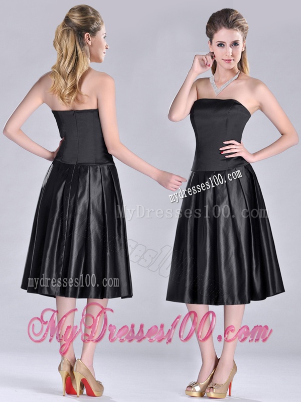 Most Popular Zipper Up Strapless Black Mother of The Bride Dress in Tea Length