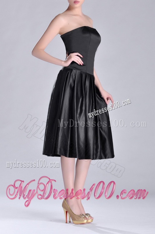Most Popular Zipper Up Strapless Black Mother of The Bride Dress in Tea Length
