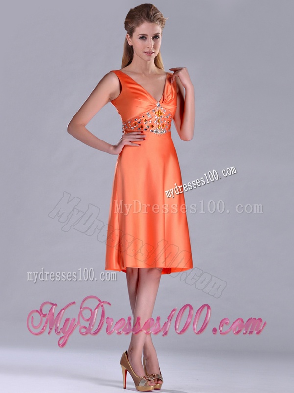 New Arrivals V Neck Beaded Short Mother of The Bride Dress in Orange Red
