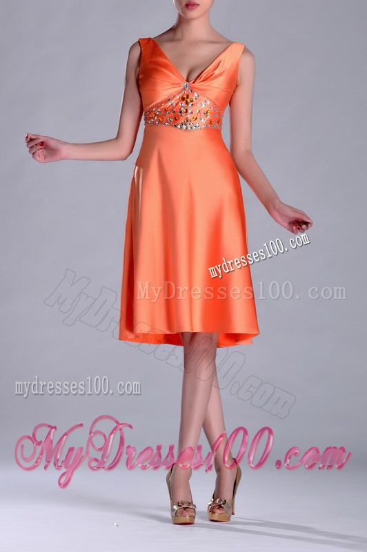 New Arrivals V Neck Beaded Short Mother of The Bride Dress in Orange Red