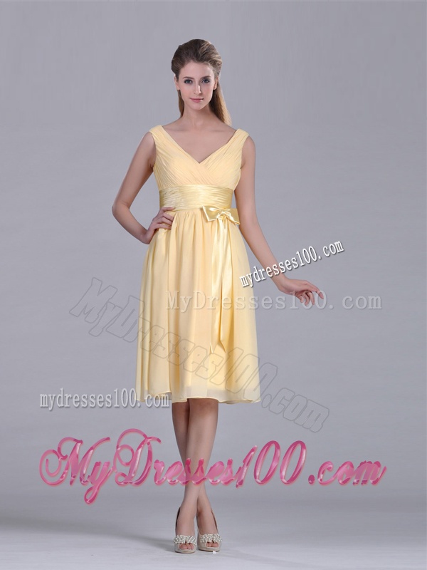 New Arrivals V Neck Bowknot Chiffon Short Mother of The Bride Dress in Yellow