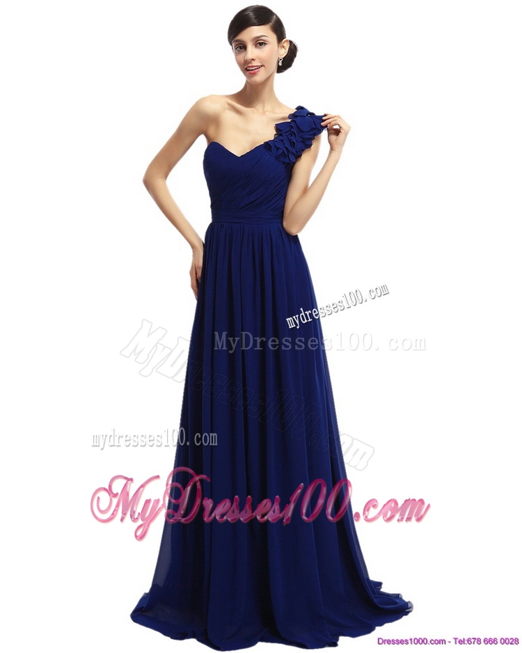 One Shoulder Ruffled Navy Blue Mother of The Bride Dress with Hand Made Flower