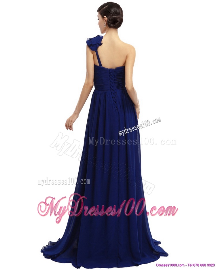 One Shoulder Ruffled Navy Blue Mother of The Bride Dress with Hand Made Flower