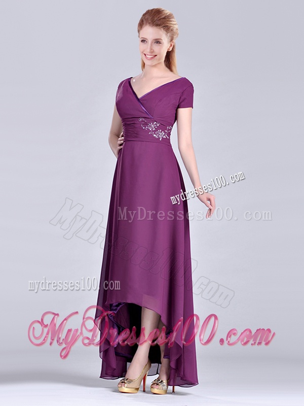 Short High-low Chiffon Dark Purple Short Sleeves Mother of The Bride Dress with V Neck