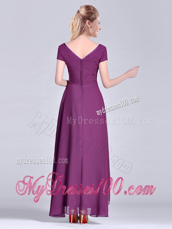 Short High-low Chiffon Dark Purple Short Sleeves Mother of The Bride Dress with V Neck