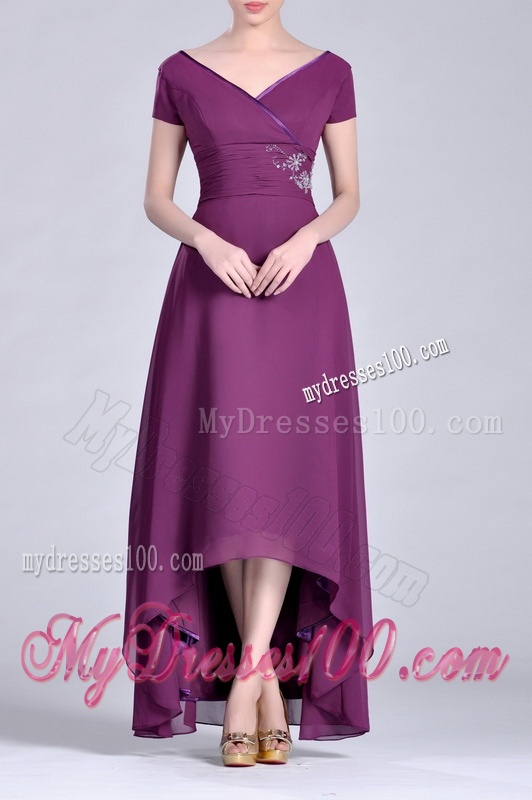 Short High-low Chiffon Dark Purple Short Sleeves Mother of The Bride Dress with V Neck