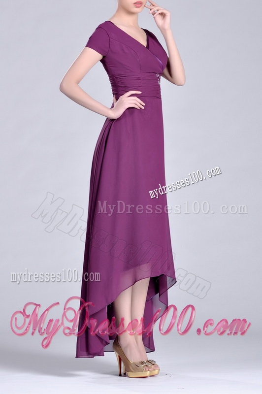 Short High-low Chiffon Dark Purple Short Sleeves Mother of The Bride Dress with V Neck