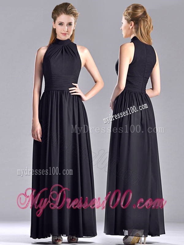 Simple Empire Ankle Length Chiffon Black Mother of The Bride Dress with High Neck