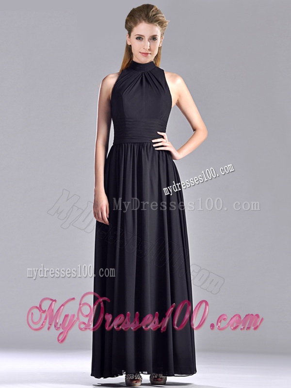 Simple Empire Ankle Length Chiffon Black Mother of The Bride Dress with High Neck