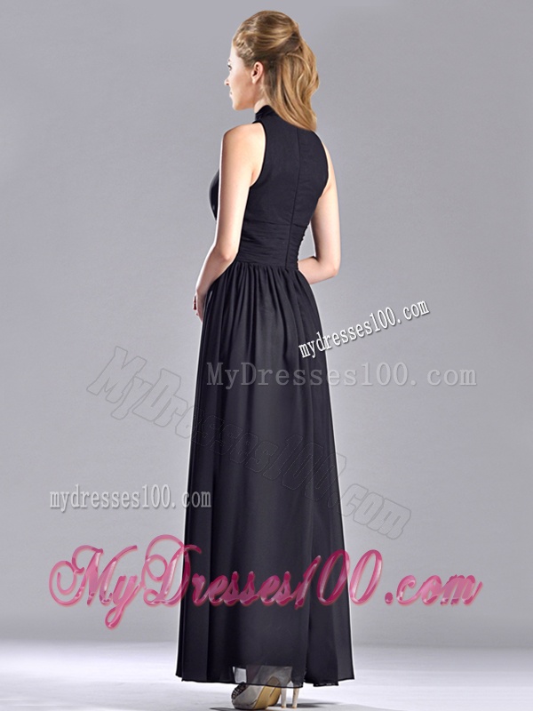 Simple Empire Ankle Length Chiffon Black Mother of The Bride Dress with High Neck
