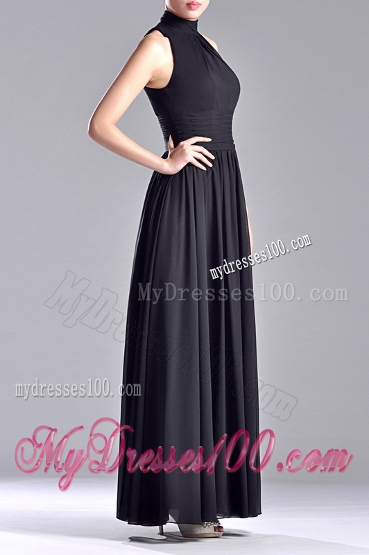 Simple Empire Ankle Length Chiffon Black Mother of The Bride Dress with High Neck