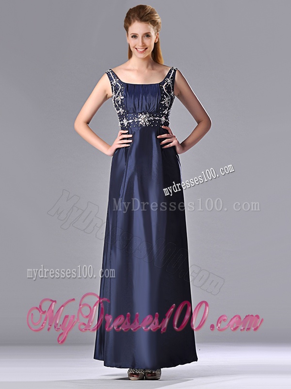 Simple Empire Square Taffeta Beading Long Mother of The Bride Dress in Navy Blue