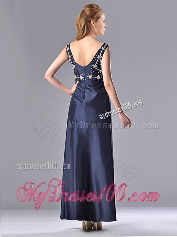 Simple Empire Square Taffeta Beading Long Mother of The Bride Dress in Navy Blue