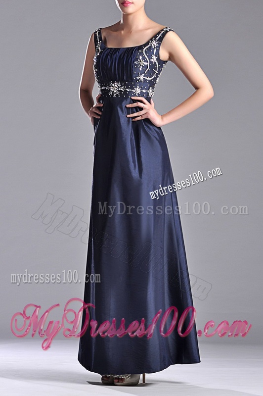 Simple Empire Square Taffeta Beading Long Mother of The Bride Dress in Navy Blue
