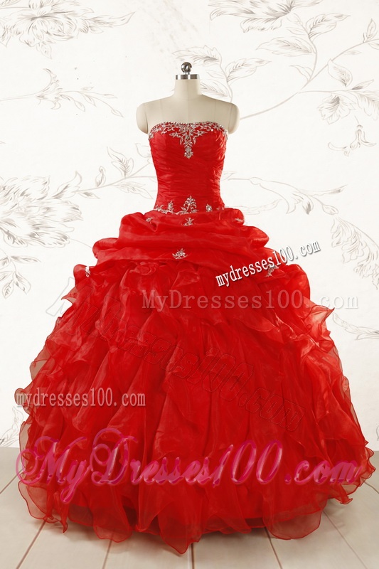2016 Ball Gown Strapless Beading and Ruffles Red Sweet 15 Dresses