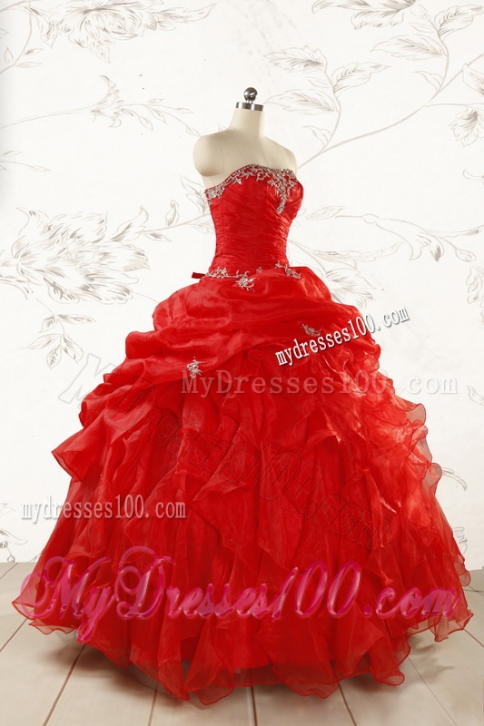 2016 Ball Gown Strapless Beading and Ruffles Red Sweet 15 Dresses