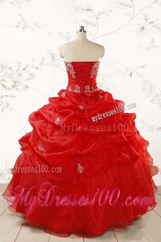 2016 Ball Gown Strapless Beading and Ruffles Red Sweet 15 Dresses
