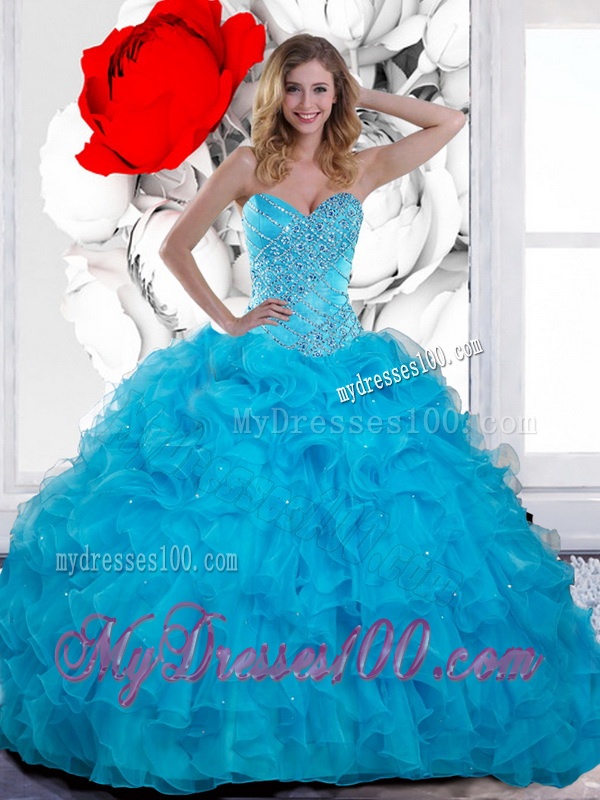 2016 Inexpensive Beading and Ruffles Sweetheart Quinceanera Gown in Teal