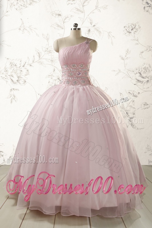 2016 One Shoulder Beading Light Pink Quinceanera Dresses
