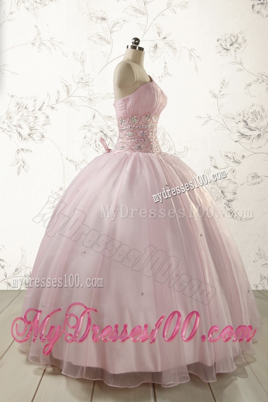 2016 One Shoulder Beading Light Pink Quinceanera Dresses